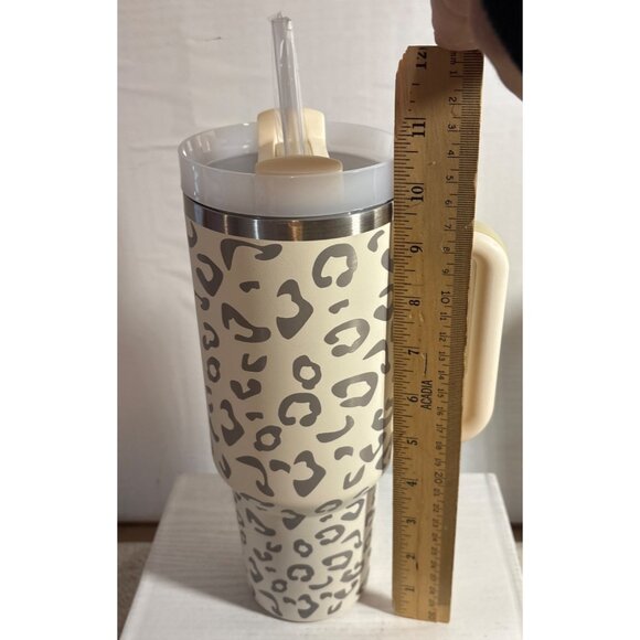 Leopard Print Stainless Steel Insulated Tumbler 40oz With Handle & Straw 10.25" - Picture 4 of 13